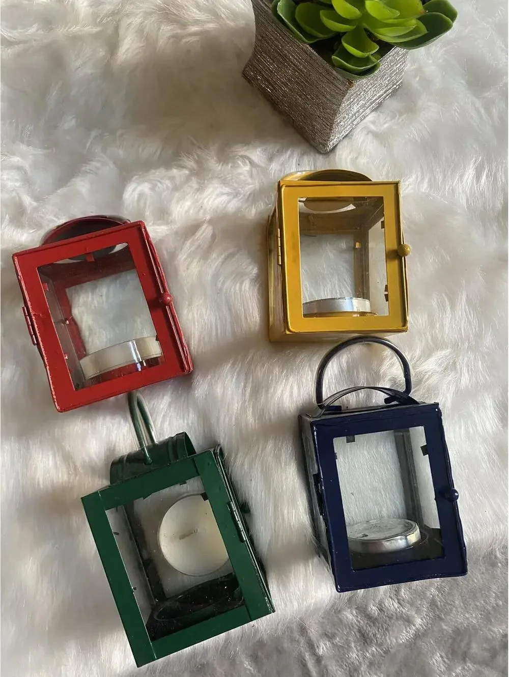 Set of 4 Small Decorative Metal Lanterns with Glass Panels
